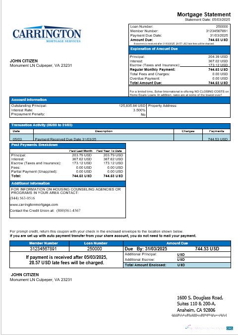Download USA Carrington Mortgage Services bank mortgage statement in Word and PDF formats Photoshop template